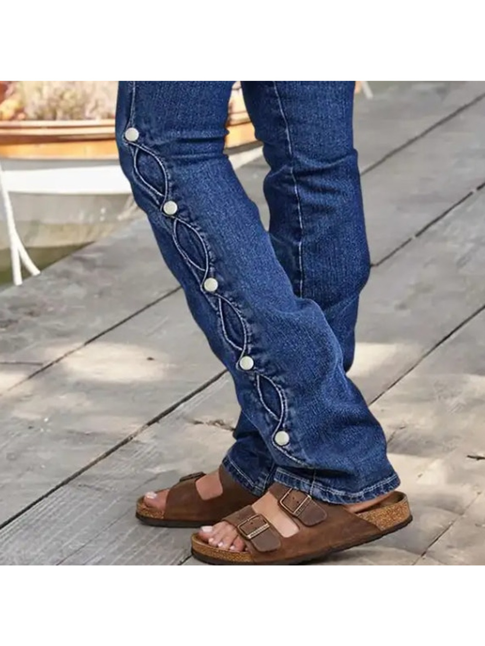 Flamingals Button Side Bootcut Jeans L Dark Wash Denim - Modern Chic